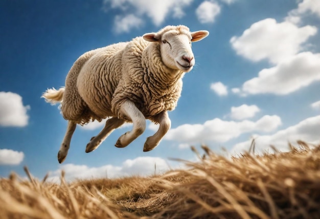 a sheep is running through a field with a sky background