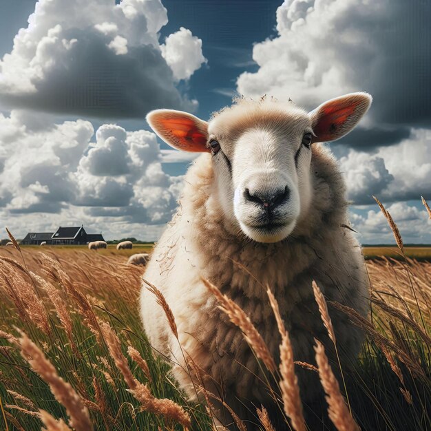 Photo a sheep is sitting in a field with the sky in the background