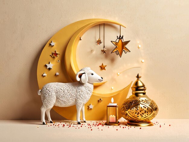 a sheep is standing next to a yellow moon and a candle with a gold candle in the middle