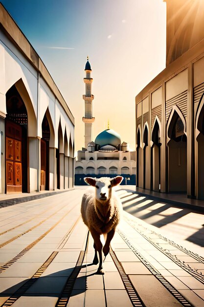 A sheep is walking in front of a mosque with a blue dome in the background