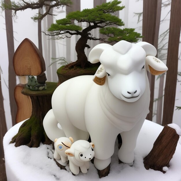 A sheep and a lamb are standing in the snow