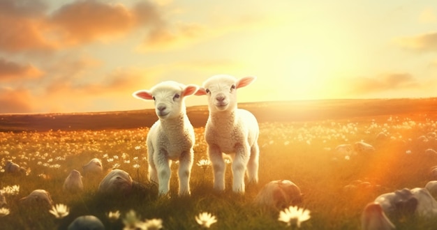 Sheep and Lamb in a field at sunset