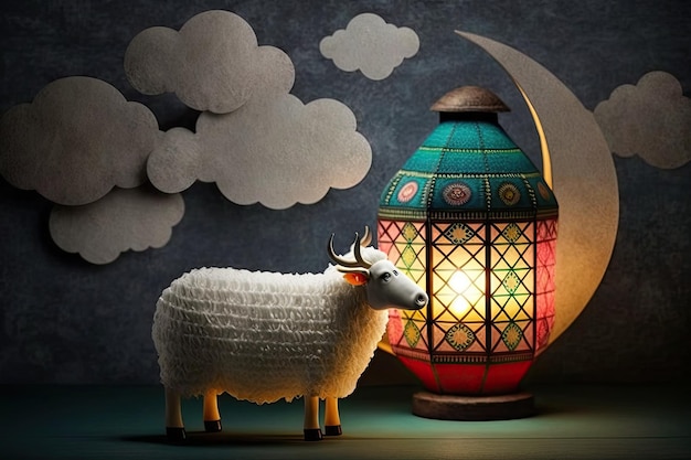 A sheep and a lantern are next to a lamp that says'the sheep '