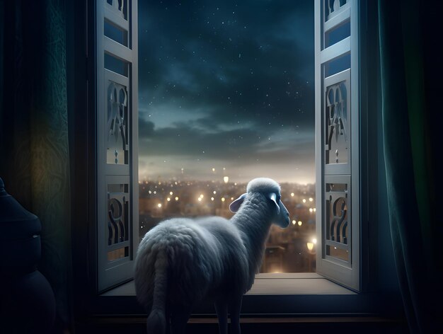 A sheep looking out a window at night