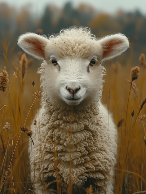 Sheep looks at the camera in field Cute little lamb