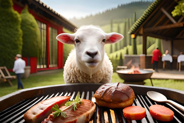 A sheep looks at a grill with meat on it.