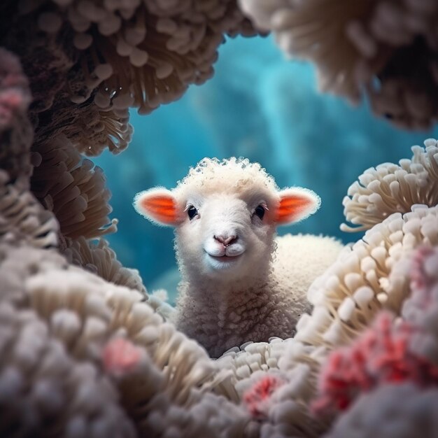 A sheep looks out of a hole in a coral reef.