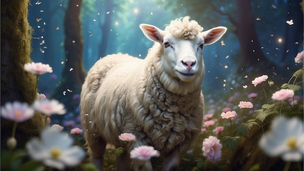 a sheep lost in the forest with scenic flower garden