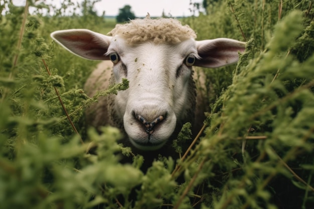 草の中の牧草地にいる羊 生成 AI