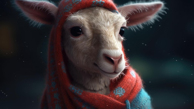 A sheep in a red and blue sweater with a blue pattern.