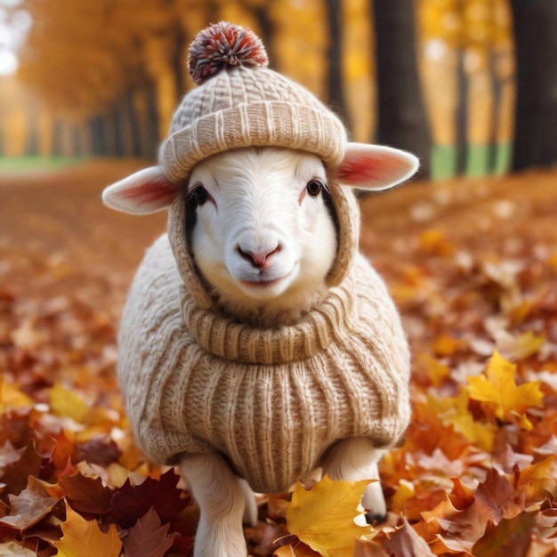 a sheep rocking a cute sweater and hat combo