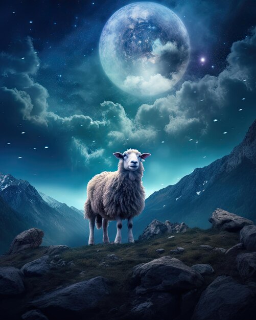 a sheep on the rocks in a beautiful sky