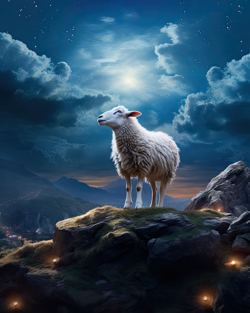 овца на скалах в красивом небе