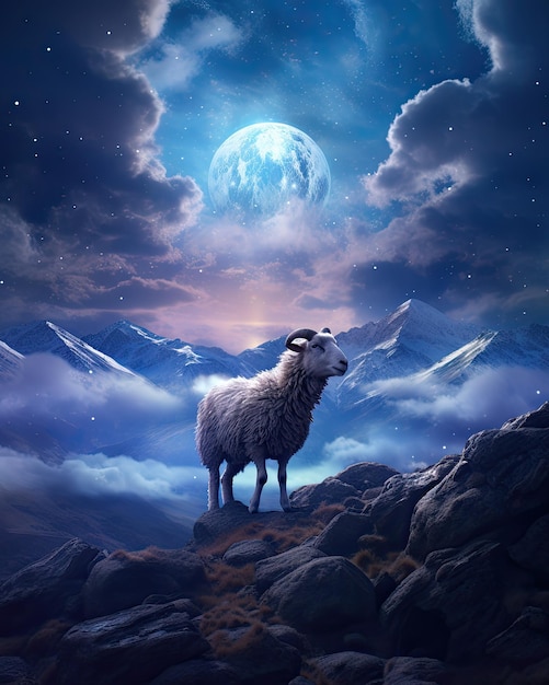 a sheep on the rocks in a beautiful sky