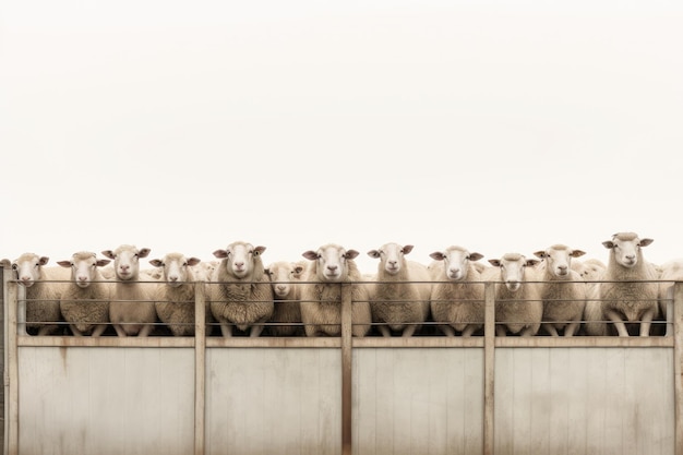 Sheep in a row on a metal fence with a white background