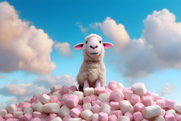 A sheep sits on a pile of marshmallows in front of a blue sky.