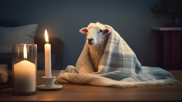 Photo a sheep sits on a table covered in a blanket.