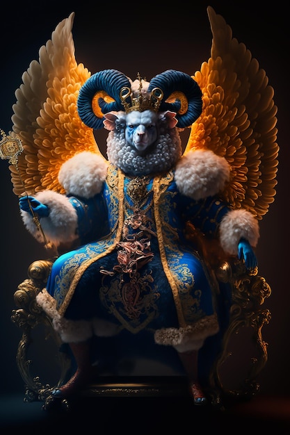 A sheep sitting on a throne with a blue coat and a gold crown