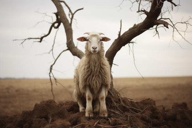 a sheep sitting on top of a dead tree in the middle of a field