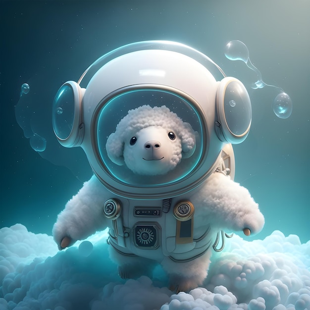 A sheep in a space suit with a helmet on it