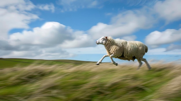 A sheep sprinting through the field