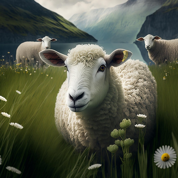 花畑に立つ羊たち
