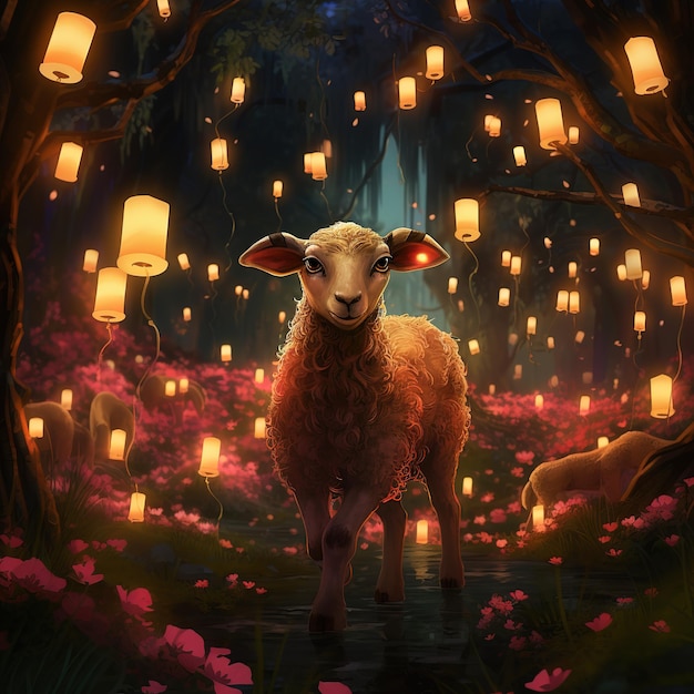 a sheep standing in a field of flowers with lanterns