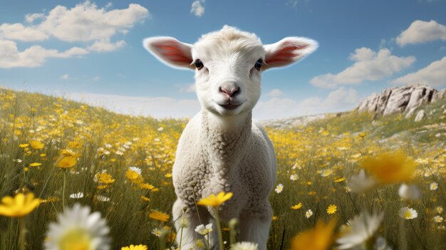 A sheep standing in a field of flowers