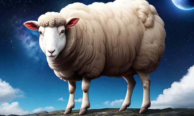 Sheep standing on sky background with stars