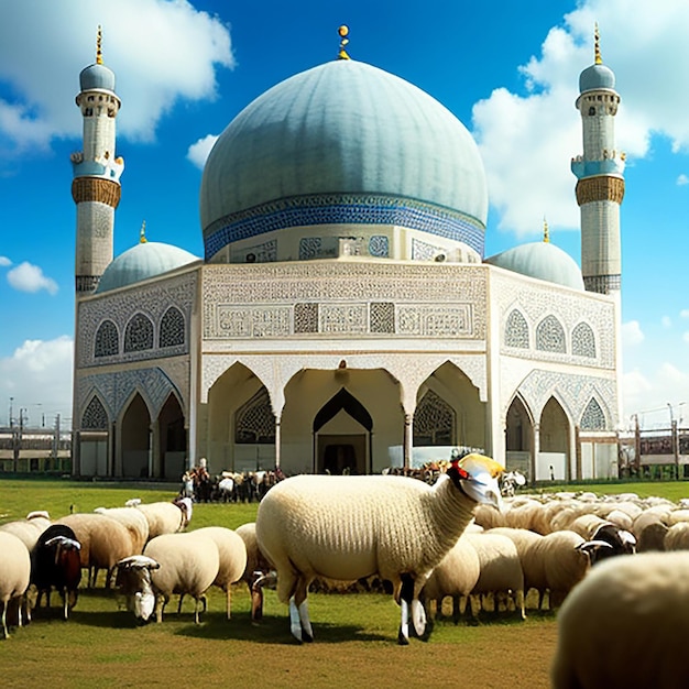 A sheep stands building with a green dome