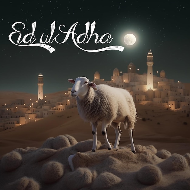 A sheep stands on a desert with a moon and the words ew w. al.