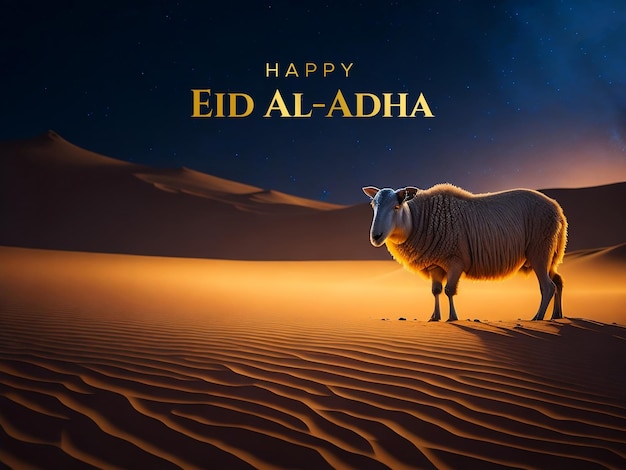 A sheep stands in the desert with the words happy eid al adha on it.