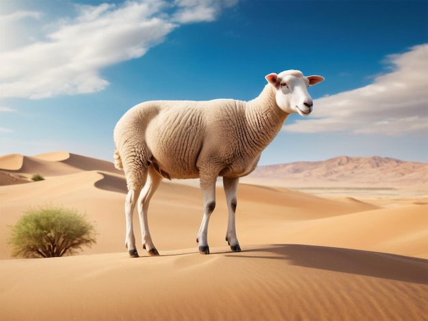 a sheep stands in the desert