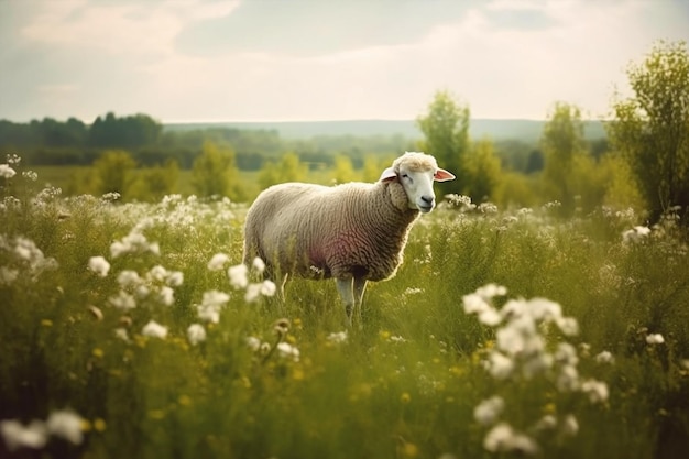 A sheep stands in a field of flowers with the word sheep on it.