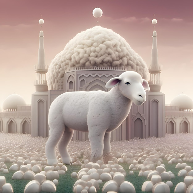 A sheep stands in a field of white snow