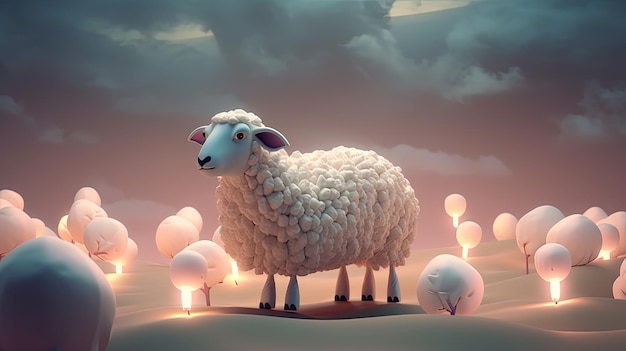 A sheep stands in a field with balloons floating around.