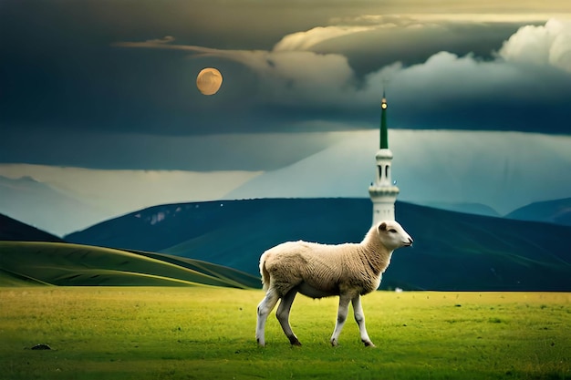 A sheep stands in a field with a moon in the background.