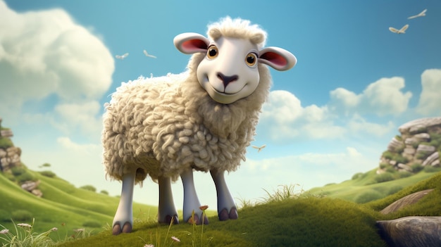 A sheep stands in a field with a sky background.