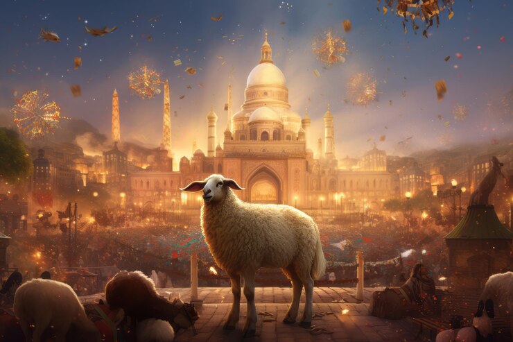 A sheep stands in front of a city with a city in the background.