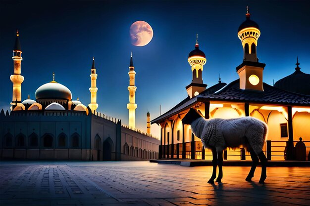 A sheep stands in front of a mosque with a full moon in the background.