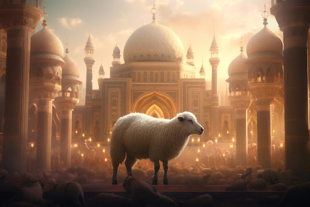 A sheep stands in front of a mosque with a mosque in the background.