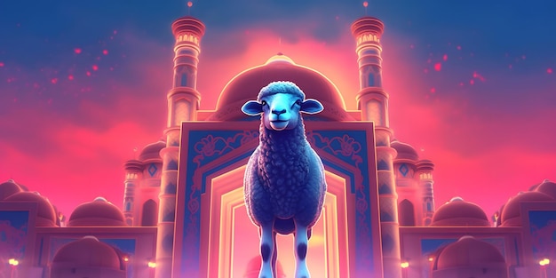 A sheep stands in front of a mosque with a mosque in the background.