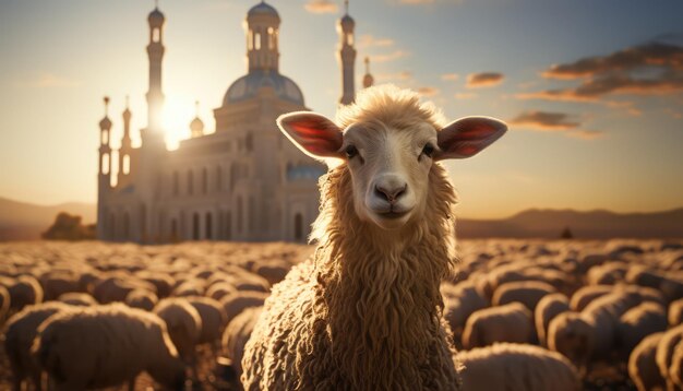 A sheep stands in front of a mosque with the sun behind it