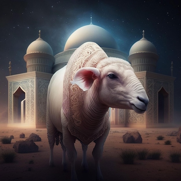 A sheep stands in front of a mosque with the word " on it.