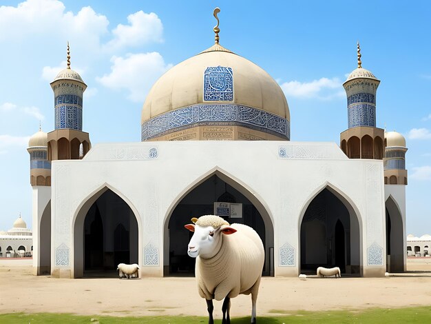 Photo a sheep stands in front of a mosque with the words happy eid ad adha on it