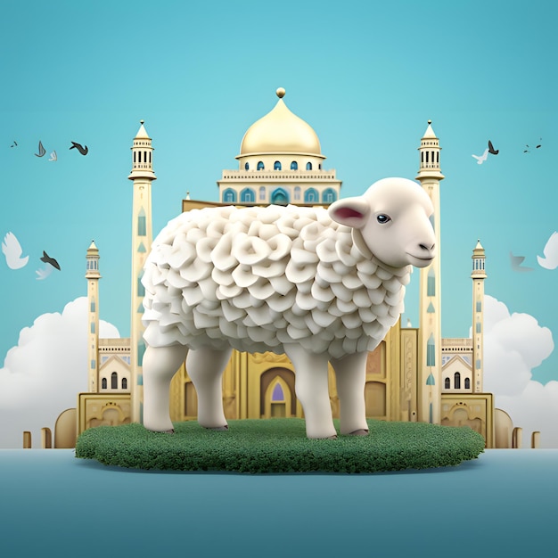 A sheep stands in front of a mosque and the words