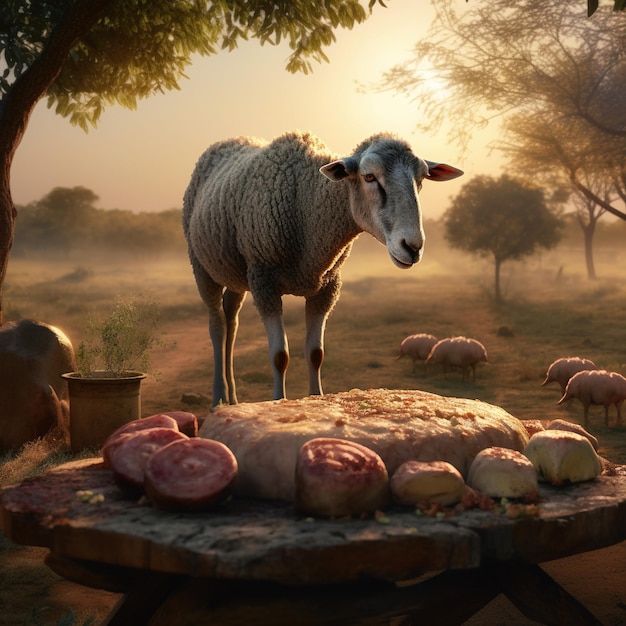 Овца стоит перед столом с мясом.