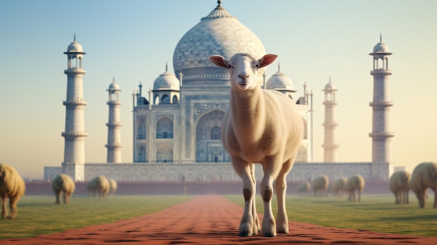 A sheep stands in front of a Taj mahal