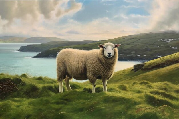 A sheep stands on a grassy hill with a view of the sea and the sky.