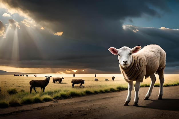 A sheep stands on a road with a cloudy sky behind it.